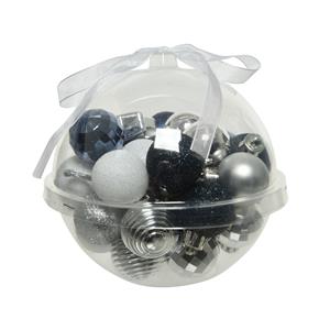 Decoris 30x stuks kleine kunststof kerstballen donkerblauw/wit/zilver 3 cm -