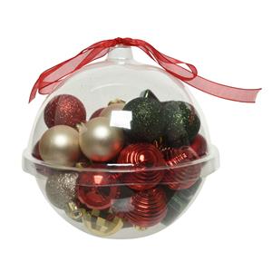Decoris 30x stuks kleine kunststof kerstballen rood/donkergroen/champagne 3 cm -