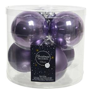 Decoris 12x stuks glazen kerstballen heide lila paars 8 cm mat/glans -