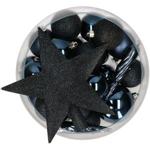 Bellatio set 33x stuks kunststof kerstballen met ster piek donkerblauw -