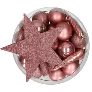 Bellatio set 33x stuks kunststof kerstballen met ster piek oud roze -