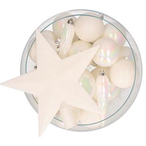 Bellatio set 33x stuks kunststof kerstballen met ster piek parelmoer wit -