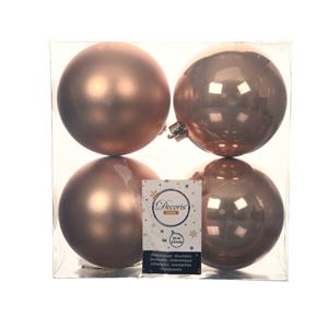 Decoris 4x stuks kunststof kerstballen toffee bruin 10 cm glans/mat -