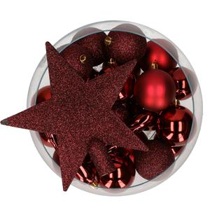 Decoris kerstballen pakket van 33 stuks met ster piek 5-6-8 cm kunststof donkerrood -