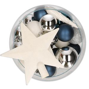 Decoris pakket 33x stuks kunststof kerstballen met ster piek blauw/wit/zilver -