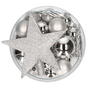 Decoris pakket 33x stuks kunststof kerstballen met ster piek zilver -