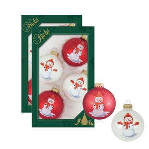 Krebs 8x stuks luxe glazen kerstballen 7 cm wit en rood met sneeuwpop -