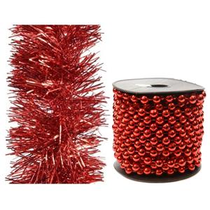 Decoris Set van kralenslinger 10 mtr en folie slinger 2,7 m rood -