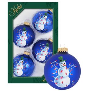 Bellatio 4x stuks luxe glazen kerstballen 7 cm blauw met sneeuwpop -