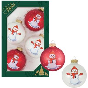 Bellatio 4x stuks luxe glazen kerstballen 7 cm wit en rood met sneeuwpop -
