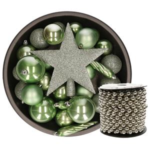Kunststof kerstballen 33x st groen met piek en kralenslinger zilver -