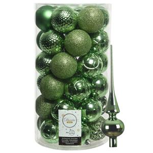 Decoris 37x stuks kunststof kerstballen 6 cm incl. glanzende glazen piek groen -