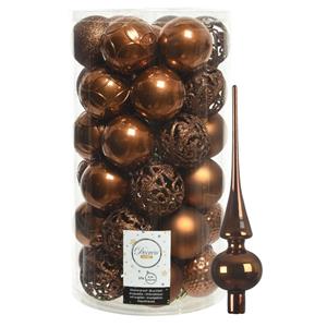 Decoris 37x stuks kunststof kerstballen 6 cm incl. glanzende glazen piek kaneel bruin -