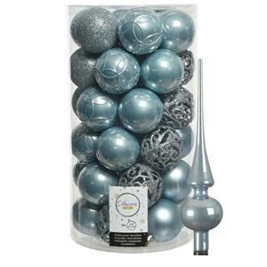 Decoris 37x stuks kunststof kerstballen 6 cm incl. glanzende glazen piek lichtblauw -