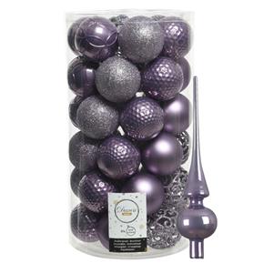 Decoris 37x stuks kunststof kerstballen 6 cm incl. glanzende glazen piek lila paars -