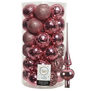 Decoris 37x stuks kunststof kerstballen 6 cm incl. glanzende glazen piek lippenstift roze -