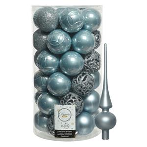 Decoris 37x stuks kunststof kerstballen 6 cm incl. matte glazen piek lichtblauw -