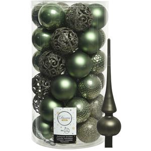 Decoris 37x stuks kunststof kerstballen 6 cm incl. matte glazen piek mosgroen -