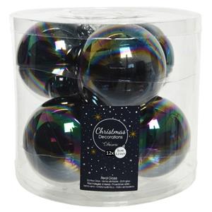 Decoris 12x stuks glazen kerstballen zwart parelmoer 8 cm glans -