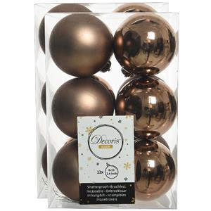 Decoris 24x stuks kunststof kerstballen walnoot bruin 6 cm glans/mat -