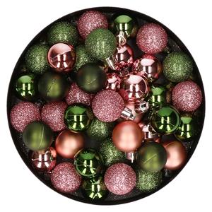 Cosy & Trendy Kleine kunststof kerstversiering 40x stuks set en 3 cm kerstballen in het roze en donkergroen -