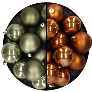 Kunststof kerstballen 6 cm - 24 stuks - mosgroen en cinnamon bruin - glans/mat -
