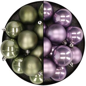 Kunststof kerstballen 6 cm - 24 stuks - mosgroen en lila - glans/mat -