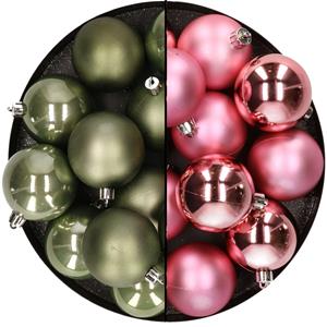Kunststof kerstballen 6 cm - 24 stuks - mosgroen en roze - glans/mat -
