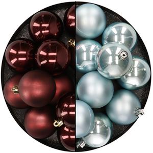 Kunststof kerstballen 6 cm - 24 stuks - redwood bruin en lichtblauw - glans/mat -
