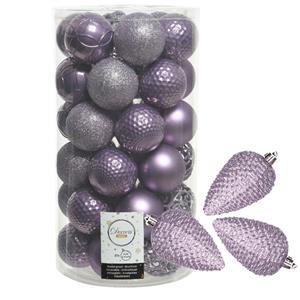 Bellatio 43x stuks kunststof kerstballen en dennenappel ornamenten lila paars -