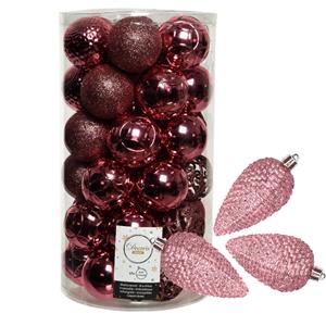 Bellatio 43x stuks kunststof kerstballen en dennenappel ornamenten lippenstift roze -