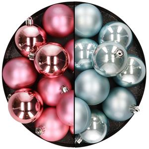 Kunststof kerstballen 6 cm - 24 stuks - roze en lichtblauw - glans/mat -