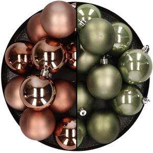 Kunststof kerstballen 6 cm - 24 stuks - walnoot bruin en mosgroen - glans/mat -
