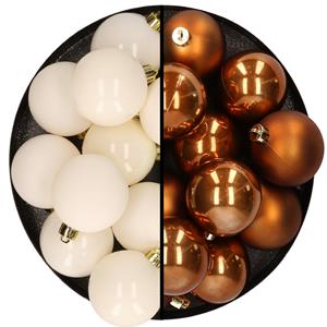 Kunststof kerstballen 6 cm - 24 stuks - wol wit en cinnamon bruin - glans/mat -