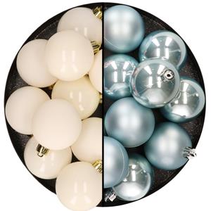 Kunststof kerstballen 6 cm - 24 stuks - wol wit en lichtblauw - glans/mat -