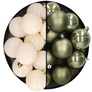 Kunststof kerstballen 6 cm - 24 stuks - wol wit en mosgroen - glans/mat -