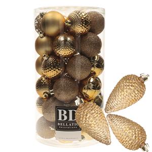 Bellatio 43x stuks kunststof kerstballen en dennenappel ornamenten goud -