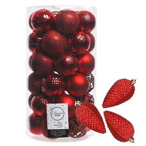 Bellatio 43x stuks kunststof kerstballen en dennenappel ornamenten rood -