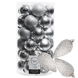 Bellatio 43x stuks kunststof kerstballen en dennenappel ornamenten zilver -