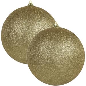Othmara decorations 2x Gouden grote kerstballen met glitter kunststof 13,5 cm -