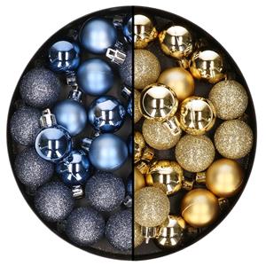 40x stuks kleine kunststof kerstballen donkerblauw en goud 3 cm -