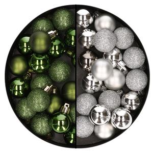 40x stuks kleine kunststof kerstballen donkergroen en zilver 3 cm -
