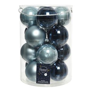 Decoris 18x stuks glazen kerstballen lichtblauw en donkerblauw 8 cm -
