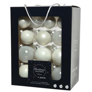 Decoris 52x stuks glazen kerstballen wit 5, 6 en 7 cm mat/glans -