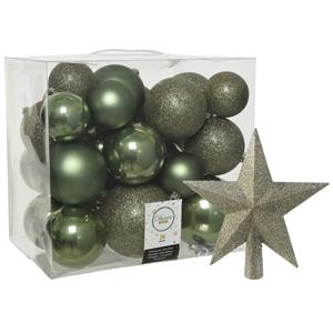 Decoris Kerstballen set 26x stuks kerstballen en ster piek mos groen kunststof -