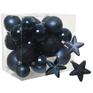 Decoris Pakket 32x stuks kunststof kerstballen en sterren ornamenten donkerblauw -