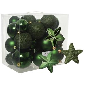 Decoris Pakket 32x stuks kunststof kerstballen en sterren ornamenten donkergroen -