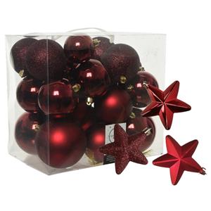 Decoris Pakket 32x stuks kunststof kerstballen en sterren ornamenten donkerrood -