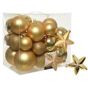 Decoris Pakket 32x stuks kunststof kerstballen en sterren ornamenten goud -