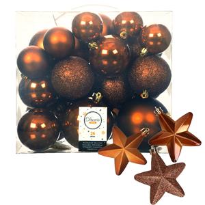 Decoris Pakket 32x stuks kunststof kerstballen en sterren ornamenten kaneel bruin -